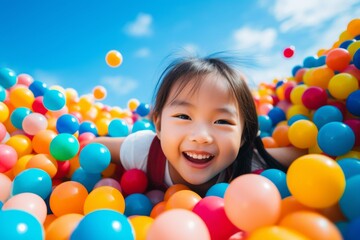 Fototapeta na wymiar happy asian child girl on the background of colorful balls for games