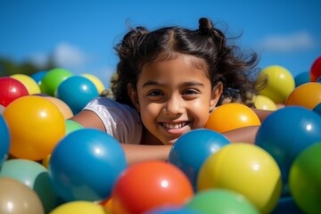 Fototapeta na wymiar happy indian child girl on the background of colorful balls for games