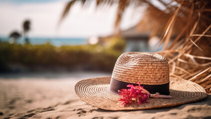 Straw hat on the beach. Beach holiday concept - obrazy, fototapety, plakaty