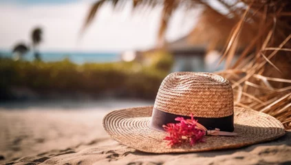 Deurstickers Straw hat on the beach. Beach holiday concept © Ruslan Gilmanshin