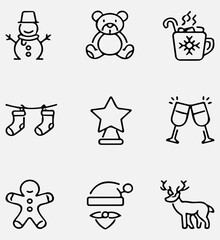 Set of 9 christmas outline icons. Holiday symbol. Line Xmas icons collection. Editable stroke