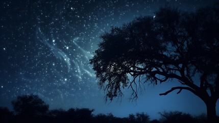 A close-up of the moon and a scattering of stars, framed by the silhouette of a tree, capturing the celestial beauty in a serene setting, AI generated, background image - obrazy, fototapety, plakaty