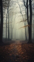 A moody and atmospheric shot of misty woods with leaves gently falling, creating an enigmatic ambiance that evokes the essence of autumn, AI generated, background image