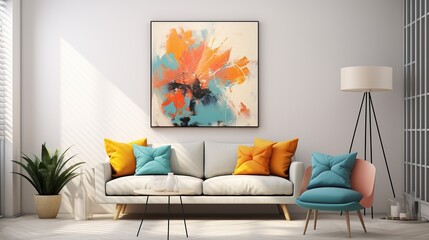 Living room with abstract art painting on the wall. Abstract painting on living room.
