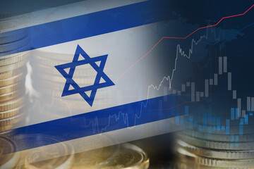 Stock market investment trading financial, coin and Israel flag or Forex for analyze profit finance business trend data background.
