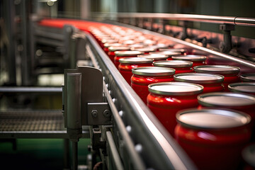 Scene of canning of tomato paste. Modern production line tech conveyor row.