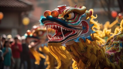 Chinese New Year Dragon dance street performances. AI Generated.