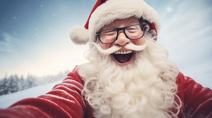 Selfie of funny santa wearing glasses against winter day background with space for text, AI generated, background image