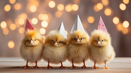 a group of young chicks wearing miniature New Year hats, their fluffy feathers ruffled by the wind, as they peck at festive treats, ushering in the joy of 2024.