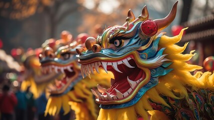 Chinese New Year Dragon dance street performances. AI Generated. - obrazy, fototapety, plakaty