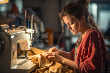 A seamstress sews clothes.