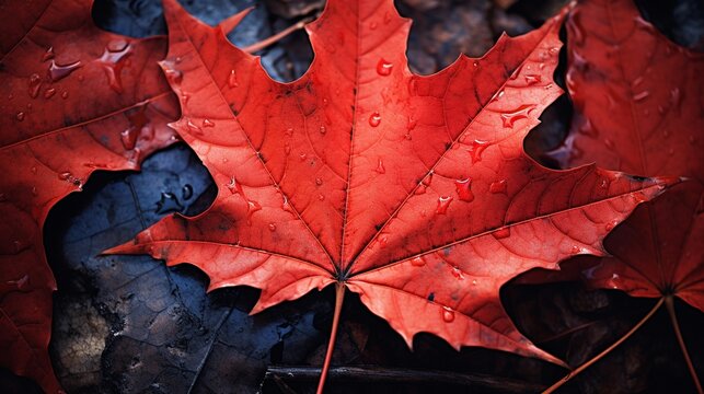 A close-up of a single, fiery red maple leaf against a backdrop of fallen leaves, showcasing the intricate veins and rich hues, AI generated, background image