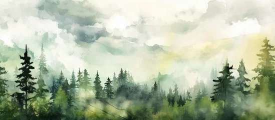 Rolgordijnen The artist created a stunning abstract watercolor painting of a summer landscape with a textured sky and vibrant green trees capturing the essence of nature and travel in a grunge inspired  © TheWaterMeloonProjec