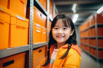 happy asian child girl worker on the background of shelves with boxes in the warehouse