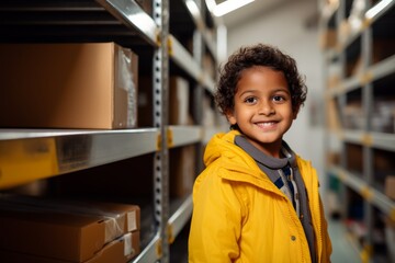 happy indian child boy worker on the background of shelves with boxes in the warehouse