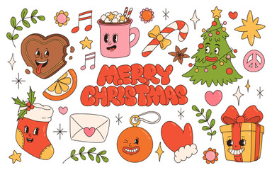 Groovy hippie Christmas stickers. Christmas tree, gifts, peace, holly jolly vibes, ho ho ho, winter, gingerbread in trendy retro cartoon style. Character in groovy 50s, 60s, 70s Vintage Style