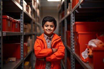 happy indian child boy worker on the background of shelves with boxes in the warehouse