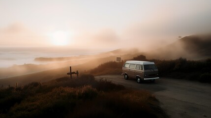 Fototapeta na wymiar Atmospheric landscape by the ocean with foggy weather at sunset, van life 