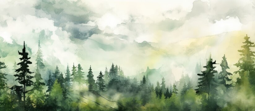 The artist created a stunning abstract watercolor painting of a summer landscape with a textured sky and vibrant green trees capturing the essence of nature and travel in a grunge inspired 