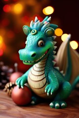 Small wooden Chinese New Year Dragon toy. AI Generated.