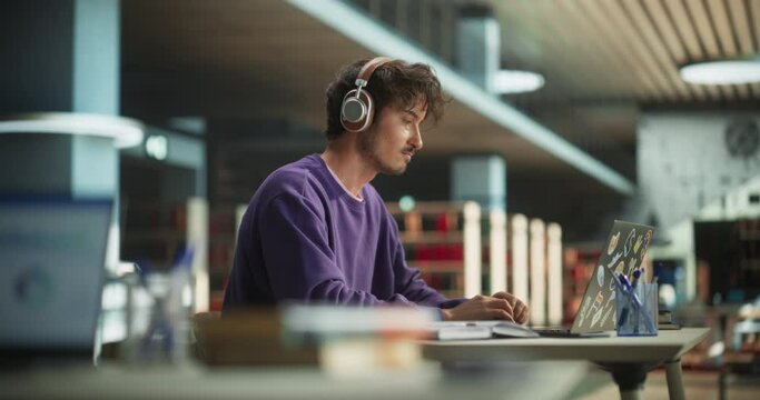 Thoughtful College Student Using Laptop Computer to Study in a Modern Library. Handsome Smart Man Learning Online, Getting Ready for Semester Exams, Drafting an Essay for Economics
