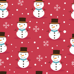 Christmas pattern with a cute snowman in a hat in a cartoon style. New Year vector seamless pattern in flat style