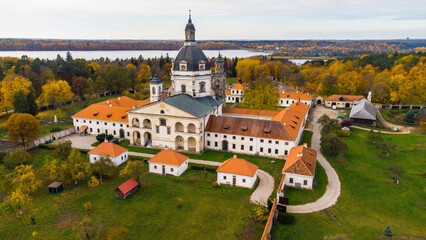 Pazaislis Monastery and Church. Drone aerial autumn color view. Lithuania Kaunas - obrazy, fototapety, plakaty