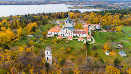 Pazaislis Monastery and Church. Drone aerial autumn color view. Lithuania Kaunas