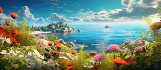 Fototapeta na wymiar In the stunning summer landscape the vibrant green garden boasted a variety of beautiful flowers creating a breathtaking scene against the backdrop of a clear blue sky and shimmering water s
