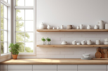 Scandinavian minimalist design in interior of apartment, flat for rent or sale and home blog. Modern plates and cups, kitchen utensils, potted plants on wooden shelves, on light wall, empty space