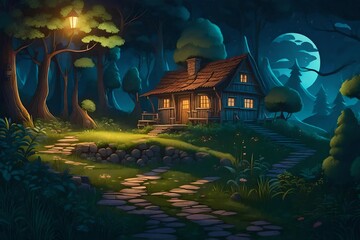 beautiful cartoon house in the forest and moon
