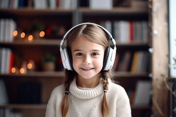 a happy child girl in headphones on the background of shelves with books in the room