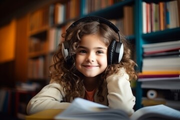 a happy child girl in headphones on the background of shelves with books in the room
