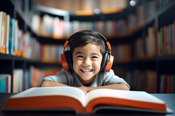 a happy asian child boy in headphones on the background of shelves with books in the room