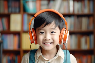 a happy asian child boy in headphones on the background of shelves with books in the room