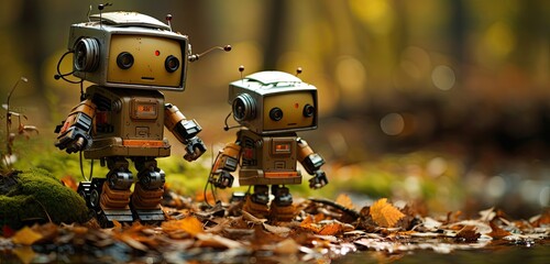 Dwa urocze małe roboty chodzące po jesiennych liściach.  - obrazy, fototapety, plakaty