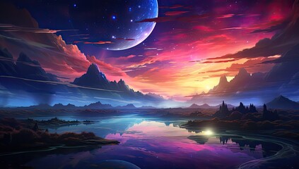 Piękne niebo nad jeziorem z ogromnym księżycem i kolorowym  nocnym niebem.  - obrazy, fototapety, plakaty