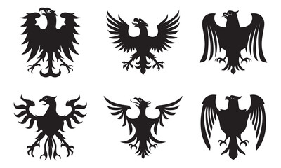 Collection of heraldic eagle logos. Ancient bird badge symbol silhouette - obrazy, fototapety, plakaty