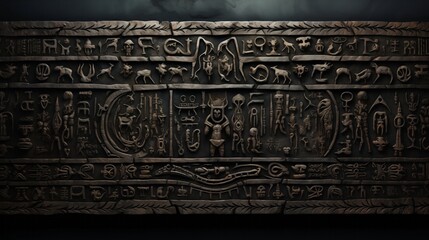 Enigmatic tablet, etched runes, preserves Nordic sagas and legends. - obrazy, fototapety, plakaty