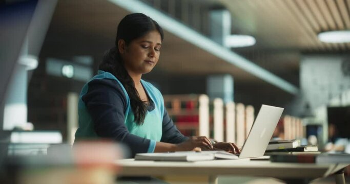 Focused Indian Female Working on a College Project for Class Assignment, Using Online Office Software on Laptop Computer in a Public Library Space. Young South Asian Woman Learning New Skills Online