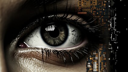 Ludzkie oko z kodem binarnym i układami scalonymi.  - obrazy, fototapety, plakaty