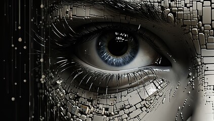 Ludzkie oko z kodem binarnym i układami scalonymi.  - obrazy, fototapety, plakaty