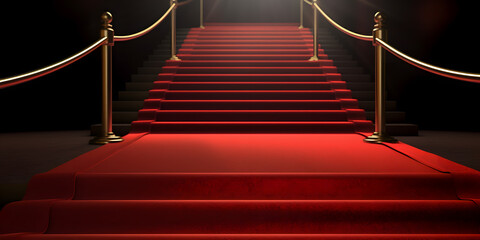 Red carpet and golden barrier banner. Generation AI - obrazy, fototapety, plakaty