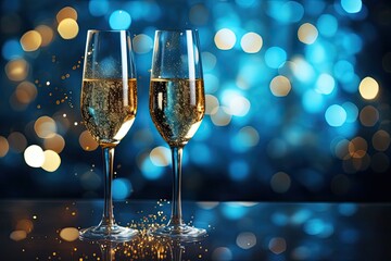 Kieliszki z szampanem na noworocznym tle.  - obrazy, fototapety, plakaty