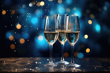 Kieliszki z szampanem na noworocznym tle.  - obrazy, fototapety, plakaty