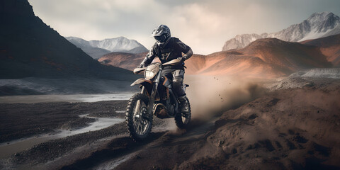 Rider biker Moto cross riding in mountain with dust. Extreme motocross sport banner - obrazy, fototapety, plakaty
