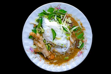 Kanom Jeen,Rice noodles, chicken feet, Thai food, top view on black background