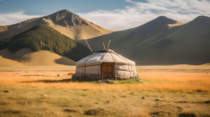 Yurt National old house of asian peoples. Kazakhstan yurta on summer background of green meadows and highlands - obrazy, fototapety, plakaty