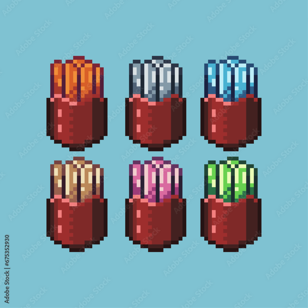Poster pixel art sets of french fries fast food with variation color item asset. simple bits of french frie
