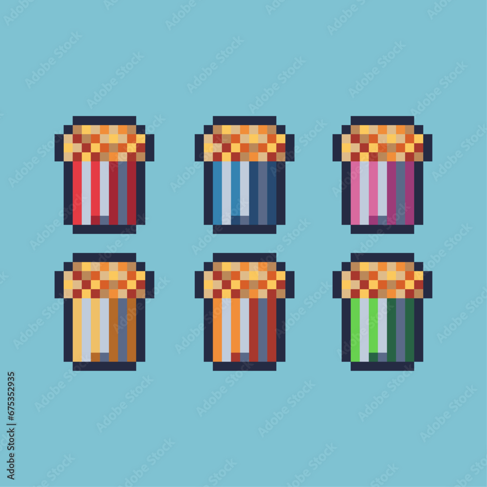 Poster pixel art sets of popcorn with variation color item asset. simple bits of popcorn pixelated style. 8